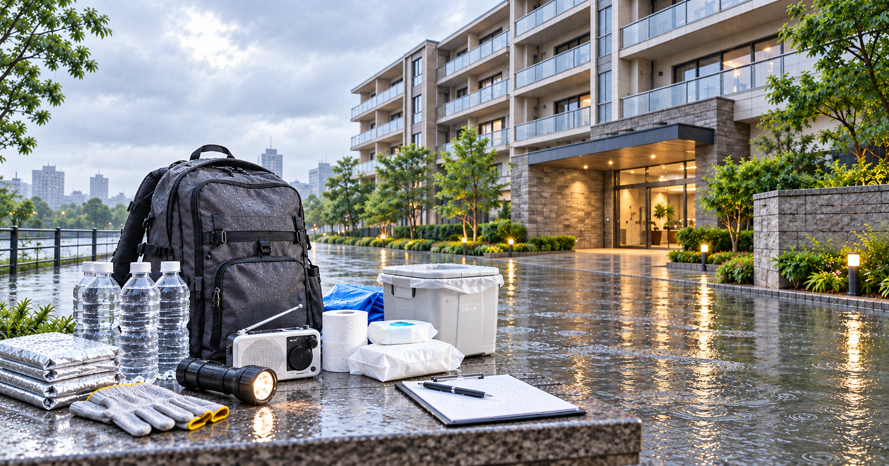 豪雨後のマンションと防災用品を配置した災害への備えのイメージ